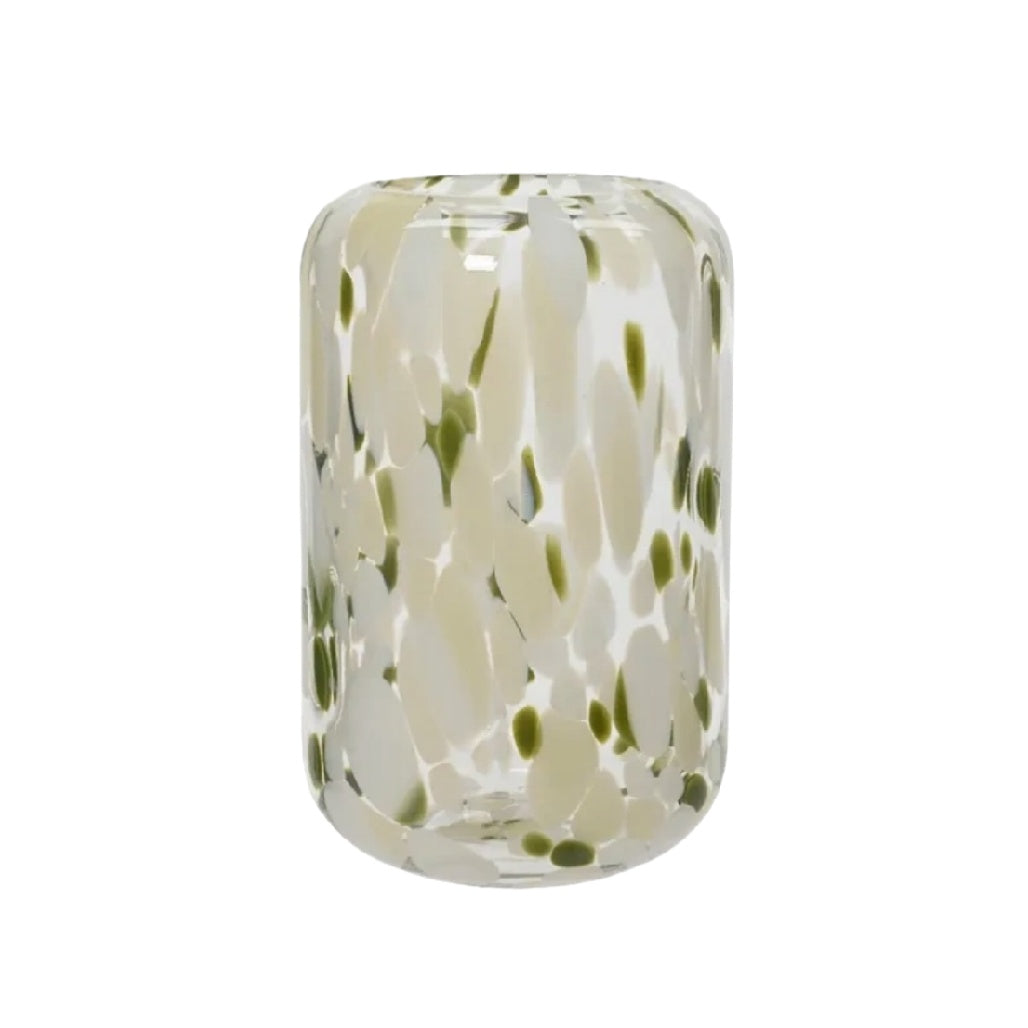 Handblown Glass Vase with Speckled Green and White Design